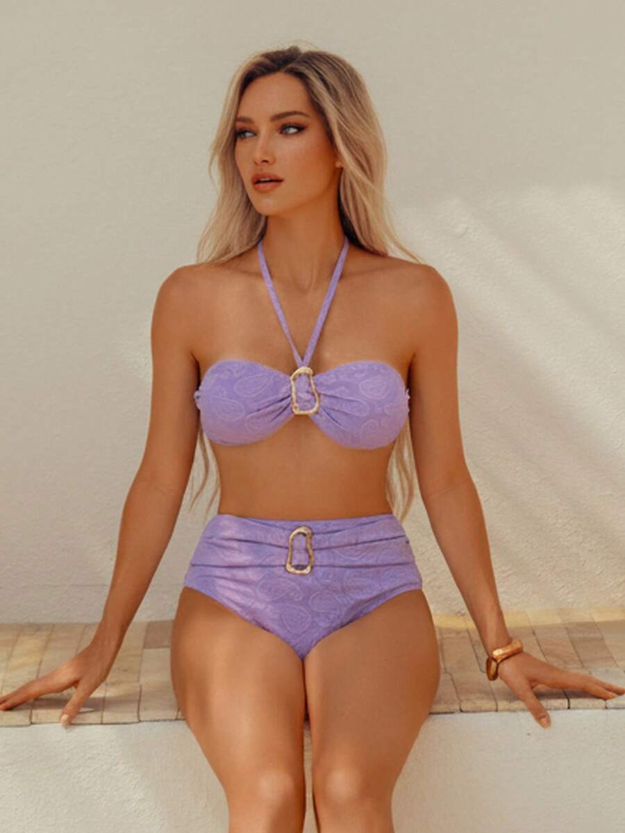 wohenmeili Women's Summer Beach Cashew Floral Print Halter Tie Sexy Bikini Swimsuit Set - Purple - View 1