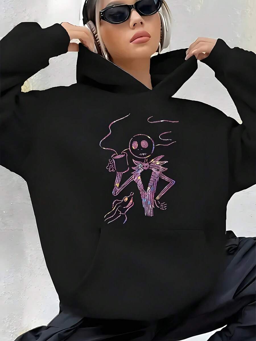 Women'S Nightmare Before Christmas Jack Skellington Hoodie - Officially Licensed Tim -Inspired Gothic Sweatshirt With Jack Skellington & Zero Graphic, Soft Stretch Fabric, All-Season Casual Wear, Halloween Costume & Birthday Gift For Fans - Nightmare Before Christmas Collectible Apparel - 黑色 - 查看 1