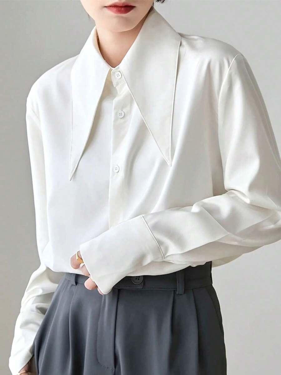 Áo sơ mi nữ cổ nhọn thanh lịch, nhẹ nhàng, chất liệu cao cấp, kiểu dáng công sở sang trọng, màu trắng mùa xuân/thu. - trắng - Xem 1
