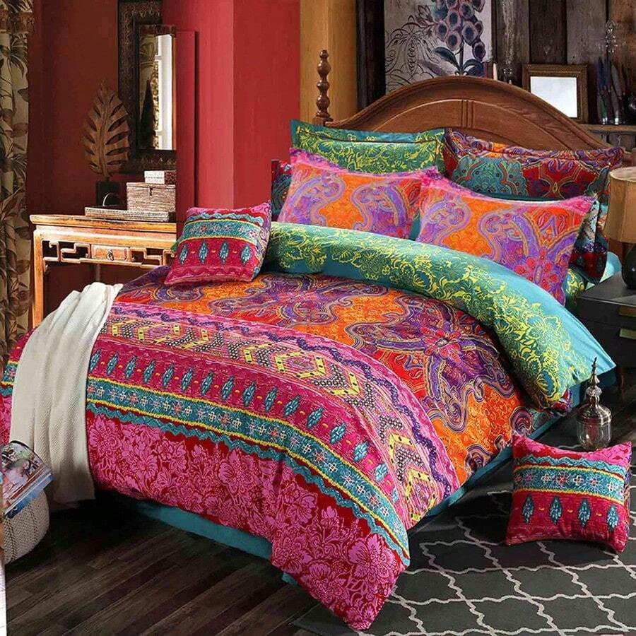 King Duvet Cover Set Boho Colorful Retro Striped Print 3pc 104 X 90 Luxury Soft Microfiber Down Comforter Quilt Bedding Cover With Zipper Ties - Bohemian Exotic Style For Men And Women Red Blue - King+Boho Vintage Sọc - Xem 1