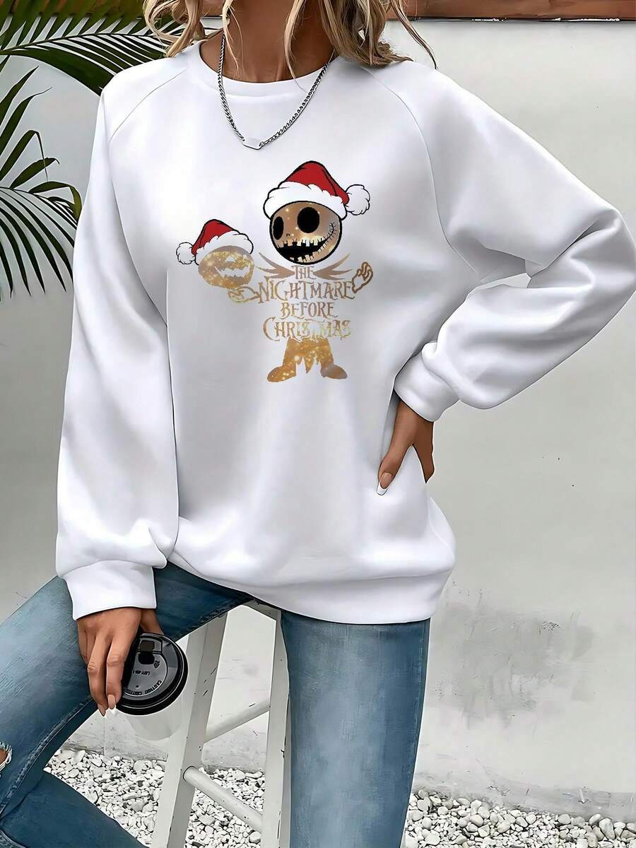 Nightmare Before Christmas Women's Sweatshirt -  & Sally Graphic Crewneck Pullover, Soft Casual Winter Sweater For Halloween & Christmas, Cozy Fall Outfit (Officially Licensed) - trắng - Xem 1