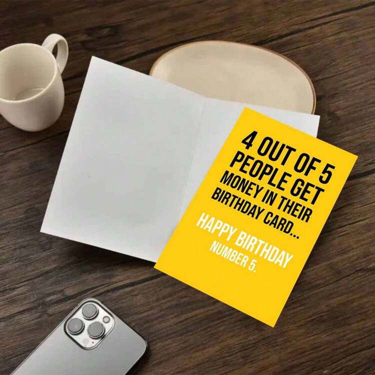 1张趣味金钱主题贺卡，含信封 - “生日数字5祝福”设计，醒目的文字和幽默的信息，非常适合送给朋友和幽默爱好者，是生日庆祝的完美之选，讽刺生日贺卡|纸质贺卡|庆祝贺卡，趣味装饰 - 彩色 - 查看 7