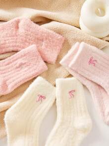 2 Pairs Of Thicking Children's Socks With Bow Embroidery, Cute Plush Mid Tube Socks For Girls, Warm Crew Sicks For Autumn/Winter,White/Pink Socks Suitable For Snow/Out,Random Color - Multicolor - View 9