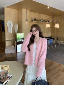 Casual Loose Fit Crew Neck Knit Cardigan, Korean Style