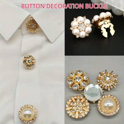 2pcs Rhinestone Button For Women Shirt DIY, Luxury Floral Button Set For Cute Girl Dress Collar Decor, Seamless Brooch Jewelry Gift
