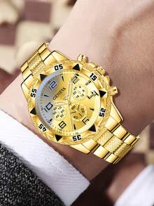 Bộ 4 món gồm đồng hồ điện tử thạch anh ba mặt số, dây chuyền và vòng tay hình thánh giá dành cho nam, thích hợp để đeo hàng ngày, trang trí hoặc làm quà tặng ngày lễ. - Vàng - Xem 5
