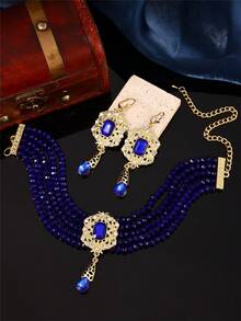 1 Set Luxury Handmade Necklace And Earrings Jewelry Set For Women, Includes Necklace And Earrings, Multi-Layer Design With Metal Pendant, Moroccan Style Bridal Wedding Party Jewelry Gift