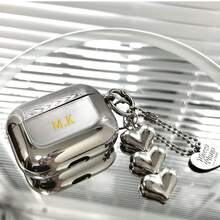 Customized Name Letter Earphone Case (With Love Heart Pendant) - Silvery Electroplated Heart Pendant Earphone Case For Air Case Pods 4th Gen, Pro, New 2nd & 3rd Gen 2/3, Soft Protective Cover Compatible With Apple Earbuds, Electroplated Earphone Cover, Air Case Pods Accessory, Heart Earphone Case, Minimalist Heart Shape