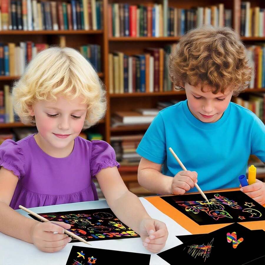 FLOVAZO 120pcs hojas Scratch Multicolor Paper,18x13cm,Juego de Papel de Rascar arte Arcoíris con Bolígrafo y plantilla de dibujo,Scratching rainbow art crafts,dibujos de Graffiti Scratch boards - 1 - Ver 1