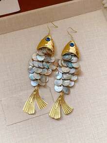 2只3D立体可动鱼形耳环，镀金鱼形吊坠耳环，动态鱼形饰品，独特的双鱼座耳环，海洋爱好者的礼物 - 彩色 - 查看 4