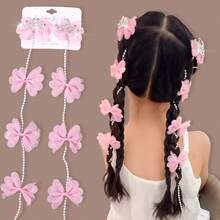 2pcs New Mesh Bow Long Chain Tassel Children's Braided Hair Clips, Cute Sparkling Rhinestone Crown Bow Pair Clips For Girls, Pink Side Clips, Duckbill Clips, Suitable For Daily And Festival Wear, Birthday Party Wear, Children's Birthday Gift - 2件 藍色 - 查看 1