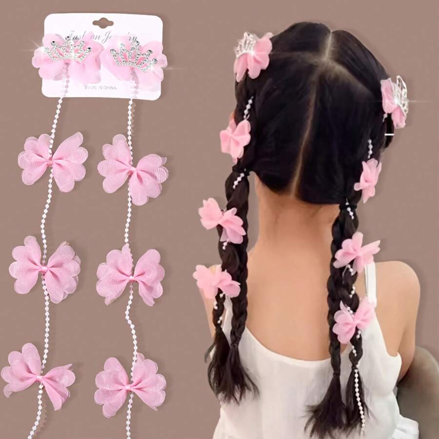 2pcs New Mesh Bow Long Chain Tassel Children's Braided Hair Clips, Cute Sparkling Rhinestone Crown Bow Pair Clips For Girls, Pink Side Clips, Duckbill Clips, Suitable For Daily And Festival Wear, Birthday Party Wear, Children's Birthday Gift - 2件 藍色 - 查看 1