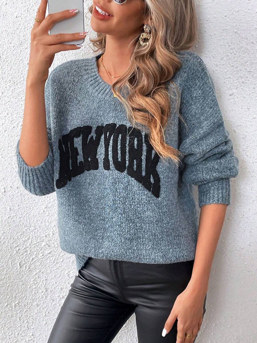 Autumn And Winter Letter-Style Round-Neck Pullover Long-Sleeved Women's Knitted Sweater. Casual Party Company Clothing - Grey - View 1