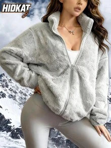 Hidkat Women's Solid Color Fleece Stand Collar Jacket, Minimalist Design With Pockets, Versatile And Fashionable For Outdoor Casual Activities, Autumn/Winter