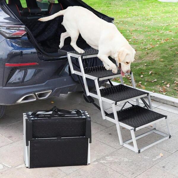 Uross Dog Ramp For Car 4 Steps Adjustable Height Stair Folding Portable Aluminium Extra Wide Steps For Large Dogs With NonSlip Surface Stairs Cars And Small SUVand Trucks