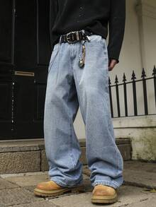 男士浅蓝色水洗宽松直筒牛仔裤，Y2K街头风美式休闲阔腿牛仔裤，四季皆宜长裤，适合送给男友或丈夫 - 藍色 - 查看 5