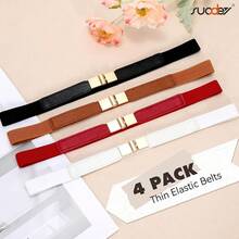 SUOSDEY 4 Pack Women Elastic Belt, Ladies Stretch Belt Dresses Pants Thin Waist Gold Belt - 黑+棕+紅+白 - 查看 8