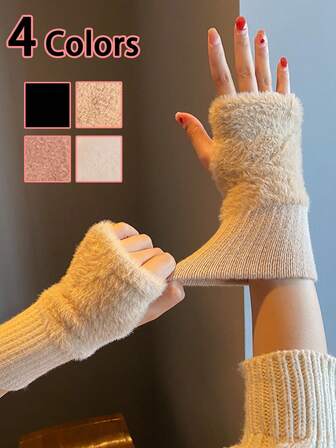 1 Pair Women's Fingerless Gloves, Fluffy Student/Office Writing Mid-Length Gloves For Winter