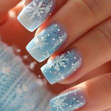 Medium-Length Blue And White Christmas 24-Piece Snowflake Glitter Patch Nail Art, Reusable And Detachable False Nails, Suitable For Daily Wear Or Parties - Màu xanh lam - Xem 1
