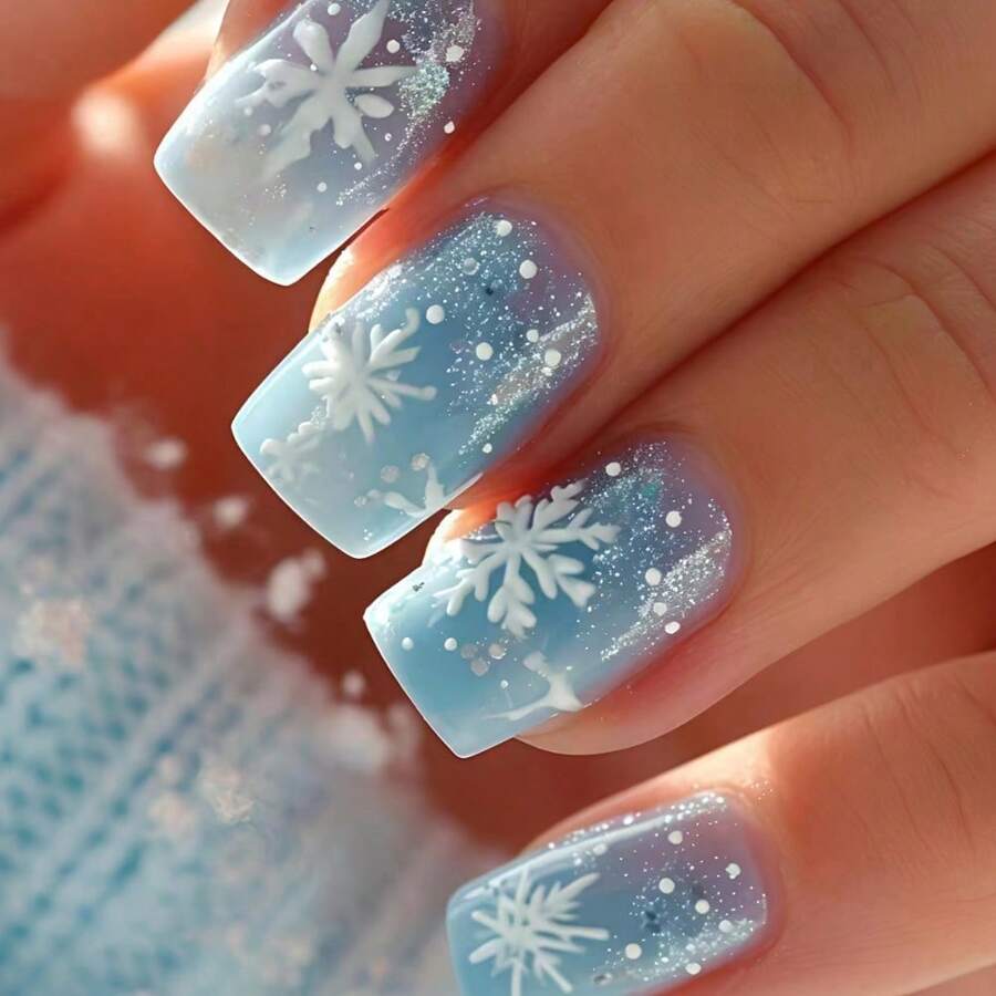 Medium-Length Blue And White Christmas 24-Piece Snowflake Glitter Patch Nail Art, Reusable And Detachable False Nails, Suitable For Daily Wear Or Parties - Màu xanh lam - Xem 1