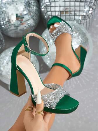 Talons hauts verts imperméables à plateforme pour femmes, avec strass brillants et bout carré. Chaussures de mode à bride ouverte pour les fêtes, Noël, Nouvel An, Halloween, Thanksgiving