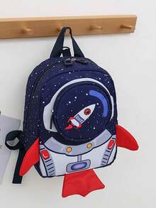 Cartoon Rocket Backpack With Tether For Teenagers, Small Dual Shoulder Bag - Navy Blue - View 5