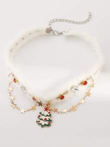 1pc Women's Fashionable New Christmas Tree Choker Fluffy Necklace, Star Tassel Metal Chain, Autumn/Winter Necklace With Rhinestone Gems, Suitable For Wedding, Party, Holiday - White - View 9