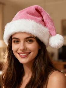 1顶圣诞精选毛绒圣诞帽，亲子款加厚设计，带大绒球，绿色、粉色和红色圣诞帽 - 彩色 - 查看 2