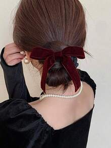 1pc Women's Black Velvet Bow Hair Scrunchie, Suitable For Daily Use ,Ponytail Holders ,Hair Elastics ,Hair Rubber Bands ,Hair Rope - Burgundy - View 7