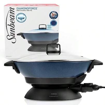 DiamondForce Electric Wok NonStick DiamondInfused Electric Pan Coating Easy Wipe CleanUp 7.5L Large Capacity Energy Efficient Cooking 2400W Dark Blue WWM7100DF