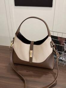 Bolso tipo dumpling con diseño de bloques de color, bolso versátil de hombro y bandolera portátil para ir y venir, bolso de mano, adecuado para el uso diario y citas casuales - Marrón - Ver 5