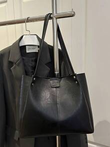 New Elegant Patchwork PU Leather Tote Bag, Simple Fashion Foldable Large Capacity Handbag For Women, Daily Work Commute Travel Casual Bag, Great Gift For Mom