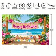 1件装热带夏威夷海滩生日派对背景布 - 以生机勃勃的棕榈树、色彩缤纷的花朵、海景和“生日快乐”横幅为特色。非常适合夏季庆祝活动、拍照道具和派对装饰，可用作派对背景、热带主题派对装饰和生日派对装饰。 - 彩色 - 查看 11