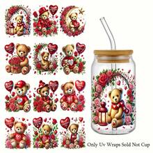12pcs UV Dtf Valentine Teddy Pink Bear Themed Rub Ons UV DTF Transfer Stickers, With Heart Rose Flowers Pattern Art Stickers, Suitable For, Cups, Bottles DIY Furniture, Glass, Glassware, Bottles And Crafts