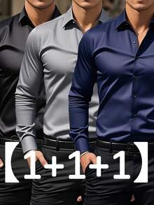 Men's Three-Piece Set, Solid Color Long-Sleeved Business Shirt, Formal And Professional Work Shirt, Suitable For Office Work And Business Travel, Office Wear, Business Attire, Corporate Men, Professionals On The Job, High-Quality Material - 藏蓝色 - 查看 2