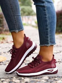 Women's Casual Athletic Shoes, Knitted Fashion Upper, Solid Color Casual Shoes, Simple And Versatile, Suitable For Sports, Fitness, Hiking, And Can Be Worn In 4 Seasons. Running Shoes, Everyday Walking Shoes, Minimalist Style, Multi-Functional Footwear, Refreshing And Fashionable Fabric, Flexible Sole, Low-Top Shoes, Casual Athletic Shoes, Outdoor , Fashionable Women. - Red - View 6