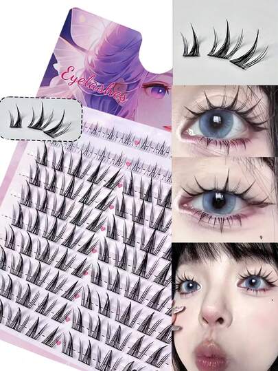 104片装假睫毛套装：适用于角色扮演、卡通、娃娃妆容和猫眼妆——采用轻盈的向日葵形合成纤维制成，自然风格，交叉设计，C型和D型卷度可选，长度6-15毫米——非常适合初学者，可重复使用，是圣诞节和派对的理想之选——完美的礼物之选