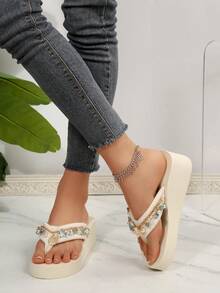 Spring/Summer EVA Vacation Bohemian Platform Wedge Slippers, Beach Holiday Shell Chain Decor Women Sandals - Beige - View 4