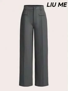 LIU ME Women's Tailored Trousers With Faux Pocket – High Waist And Wide Leg - Grey - View 1