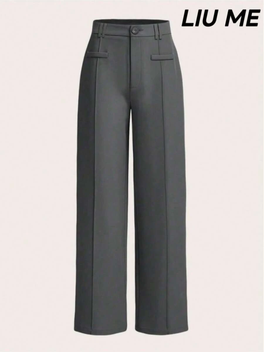 LIU ME Women's Tailored Trousers With Faux Pocket – High Waist And Wide Leg - Grey - View 1