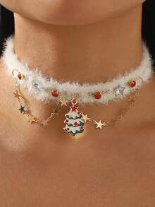 1pc Women's Fashionable New Christmas Tree Choker Fluffy Necklace, Star Tassel Metal Chain, Autumn/Winter Necklace With Rhinestone Gems, Suitable For Wedding, Party, Holiday - White - View 10