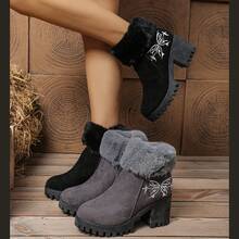 Botas de cano curto femininas com gola de pelúcia, botas quentinhas da moda, botas de cano curto com sola grossa, botas de inverno com salto grosso, zíper lateral e bordado. - Preto - Ver 2