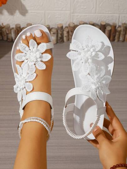 Women's Floral Slide Sandals - Solid Color Synthetic Uppers, Open Toe, Adjustable Ankle Strap, Low Heel And Non-Slip Rubber Sole, Suitable For Casual Summer Outfits, Ladies Sandals