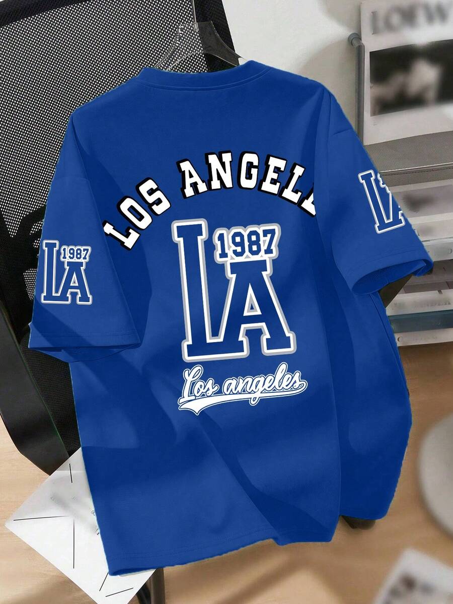 青少年男童复古洛杉矶学院风短袖宽松舒适透气T恤，休闲校园夏季服饰，男童上衣 - 藍色 - 查看 1