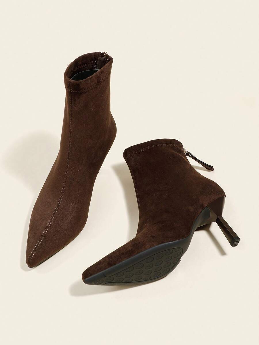 女士咖啡棕色绒面革踝靴，高跟弹力修身靴，舒适时尚高跟靴 - 棕色 - 查看 1
