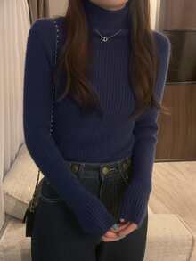 Women's Solid Color Turtleneck Long Sleeve Casual Sweater, Autumn/Winter - Navy Blue - View 3