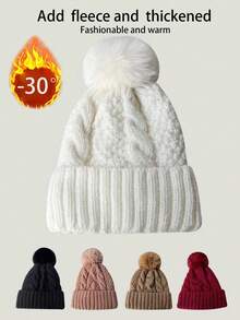 Damen warme gestrickte Mütze mit großem Fellbommel, einfarbig, vielseitig, dick gefüttert, geeignet für Outdoor-Radfahren, modisch personalisiert, lässig elegant im Retro-Street-Style, Polyester, Herbst Winter Halloween