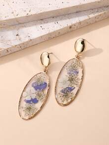 1 par de pendientes rectangulares con efecto de resina y flores secas multicolor de moda, delicados y versátiles para mujeres, adecuados para vacaciones, fiestas y uso diario. Puede haber una ligera diferencia entre la flor seca real y la imagen. - Azul neblina - Ver 5