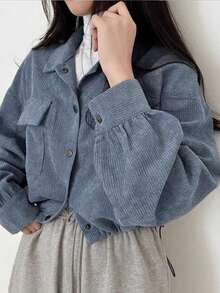 Korean Style Retro Short Collared Long Sleeve Blouse, Loose Fit Jacket For Women - Dusty Blue - View 2
