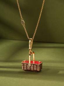 1Pc Fashion Luxury Enamel Three-Dimensional Openable Golden Woven Picnic Basket Pendant Necklace For Women Men Cool Personalized Party Jewelry Accessories, Bag, Keychain Pendant, Chic Girlfriend Gift, Mother's Day Gift,Halloween Gifts, Christmas Gift - 野餐籃吊飾項鍊 - 查看 7